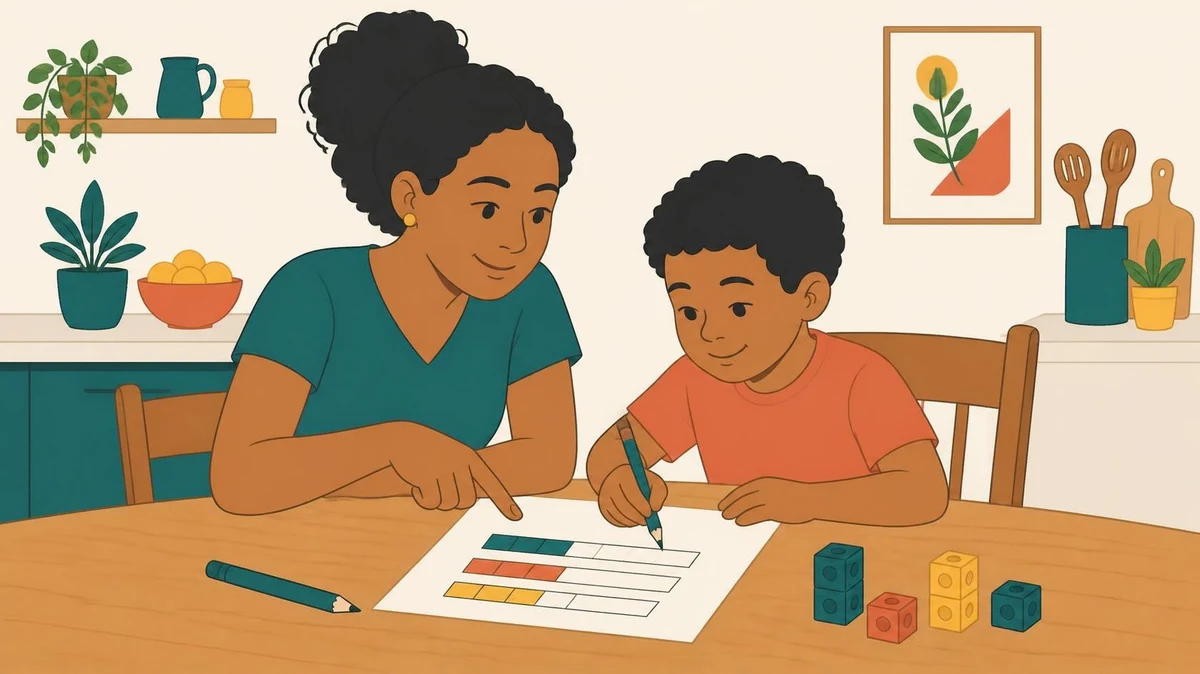 Ilustração de uma mãe e um filho de cerca de 7 anos sentados à mesa da cozinha. Sobre a mesa há uma folha com diagramas de barras desenhados, um lápis e alguns cubinhos coloridos de encaixe. A mãe aponta para o papel enquanto a criança desenha.