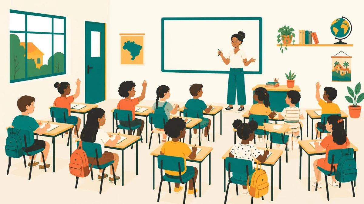 Ilustração de uma sala de aula vista do fundo: uma professora em pé perto do quadro e cerca de doze crianças sentadas em carteiras, algumas com a mão levantada, outras escrevendo.